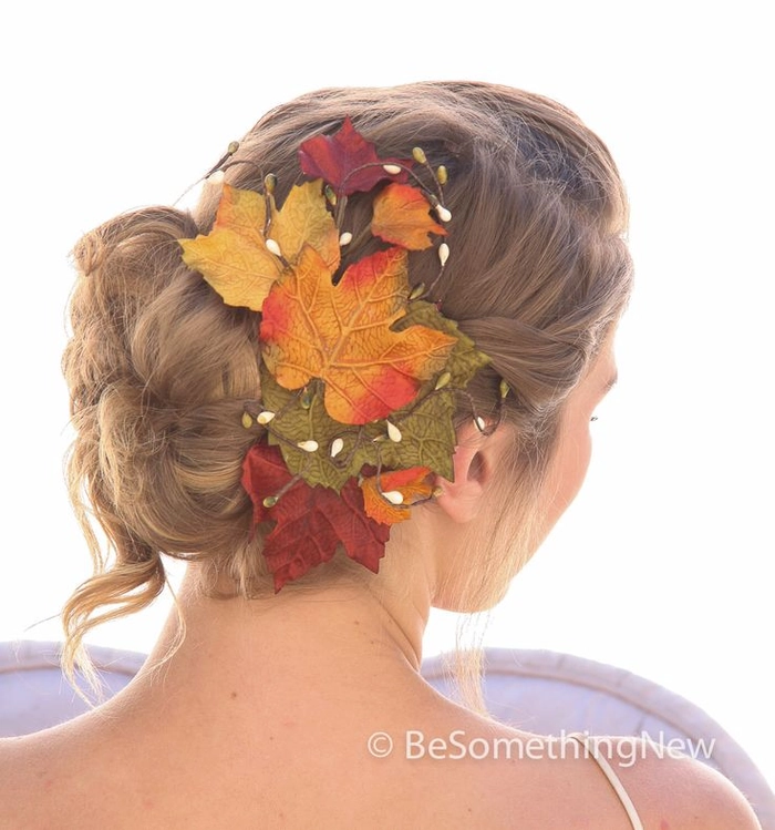 Autumn leaf hair pins adding a festive touch to a holiday hairstyle