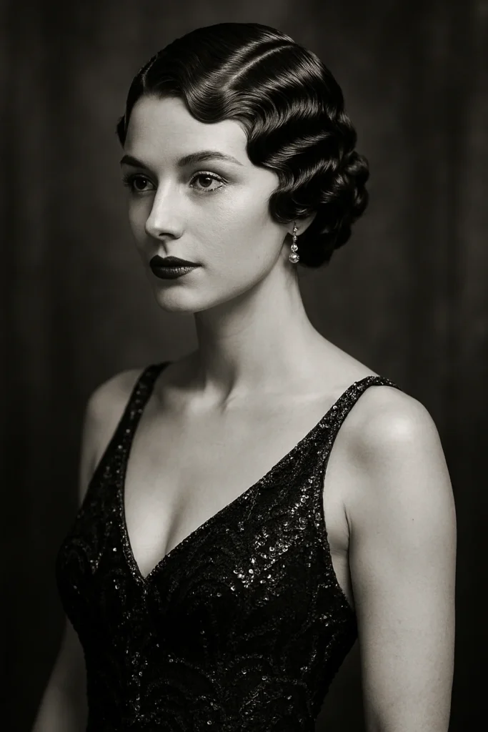 Woman with elegant finger wave hairstyle celebrating New Year's Eve in roaring twenties style