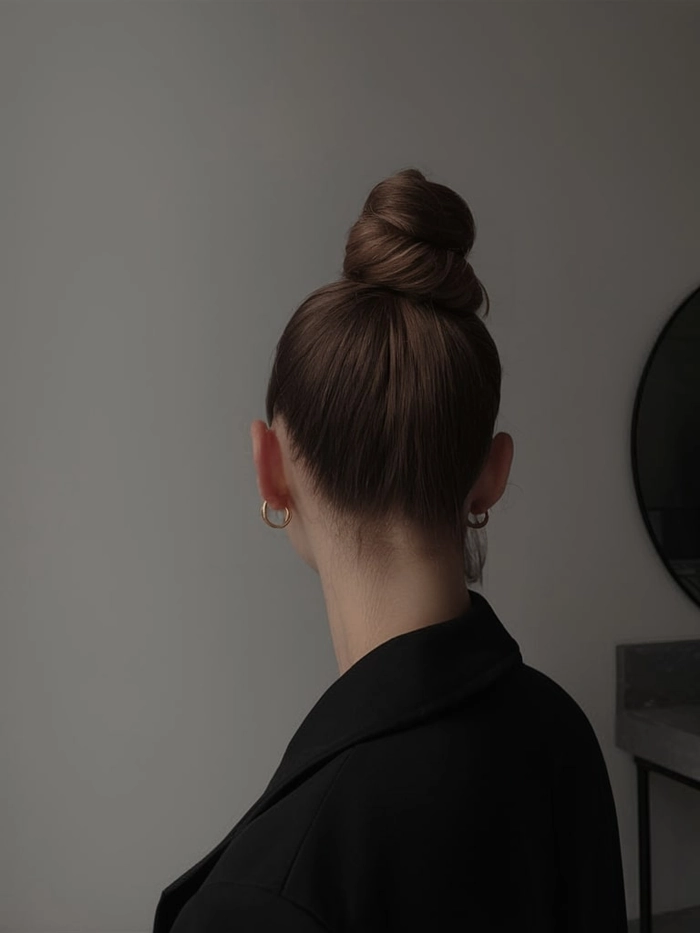 Sleek top knot hairstyle with minimalist holiday outfit