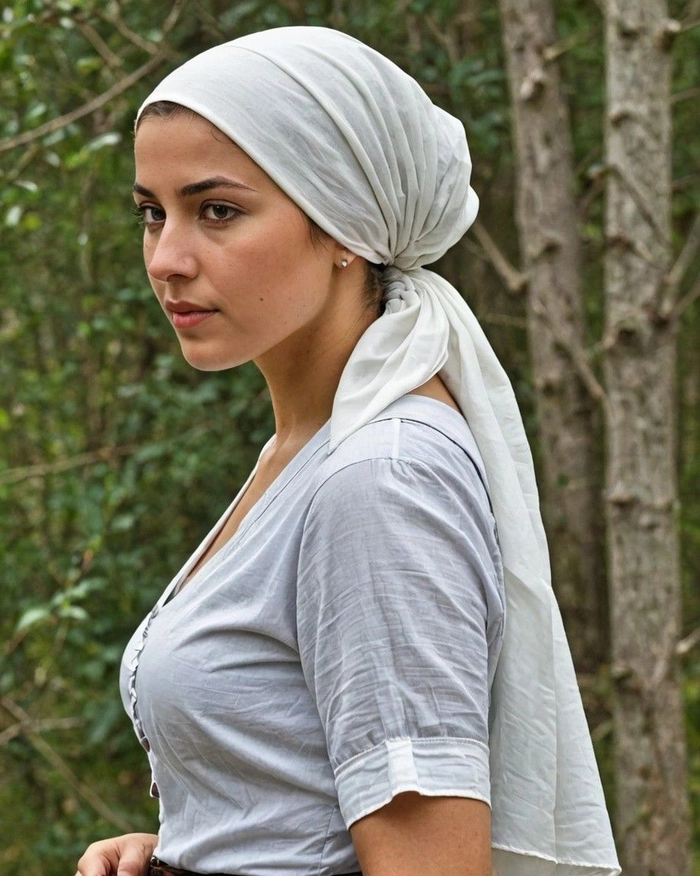 Modest Hair Covering Styles for Hanukkah Dinners Woman with a modest silk scarf and elegant updo at a Hanukkah dinner table
