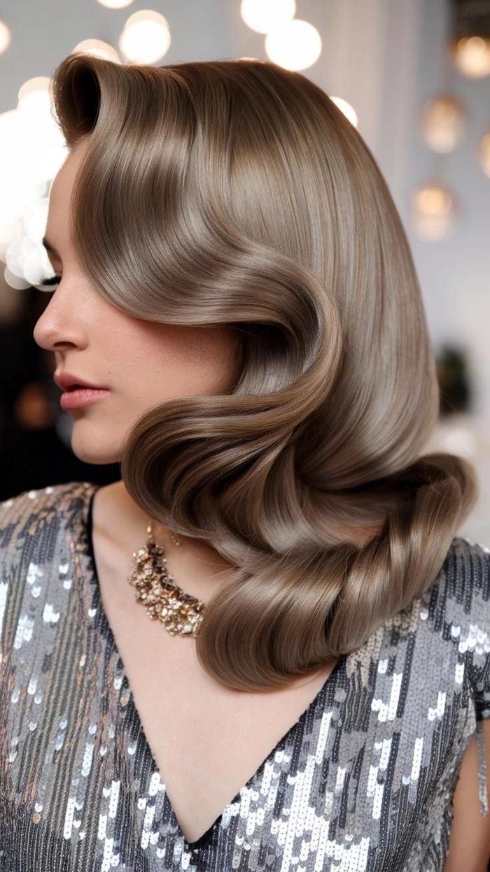 Glamorous Hollywood waves hairstyle for New Year's Eve celebration