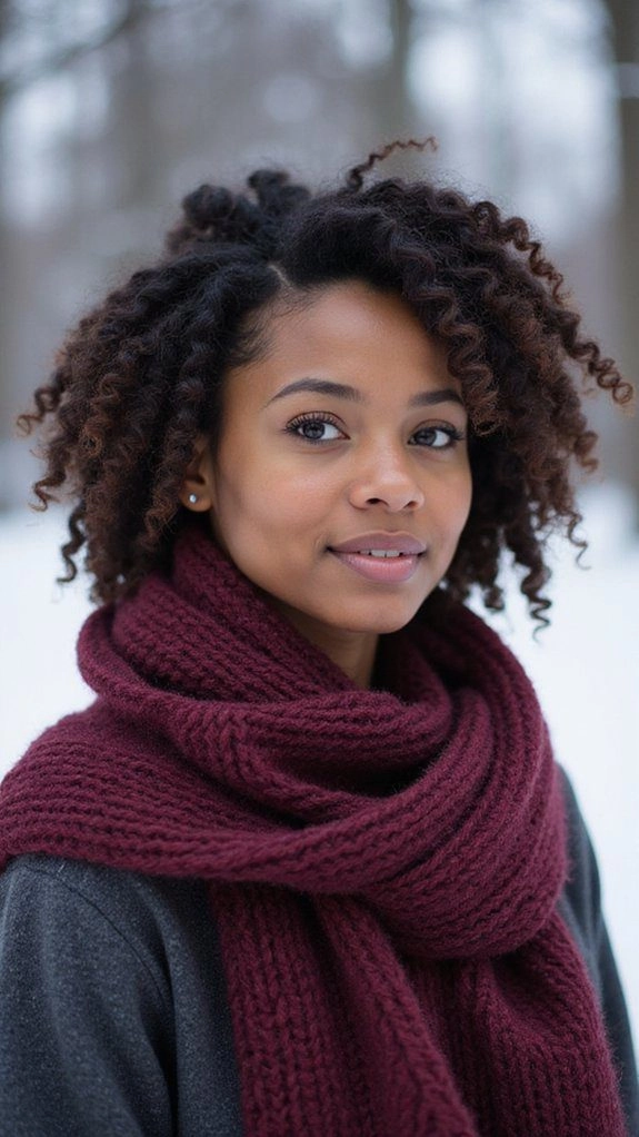 Elegant braided protective hairstyle for Black women celebrating winter holidays in style Black woman with elegant braided protective hairstyle adorned with winter accessories for the holidays
