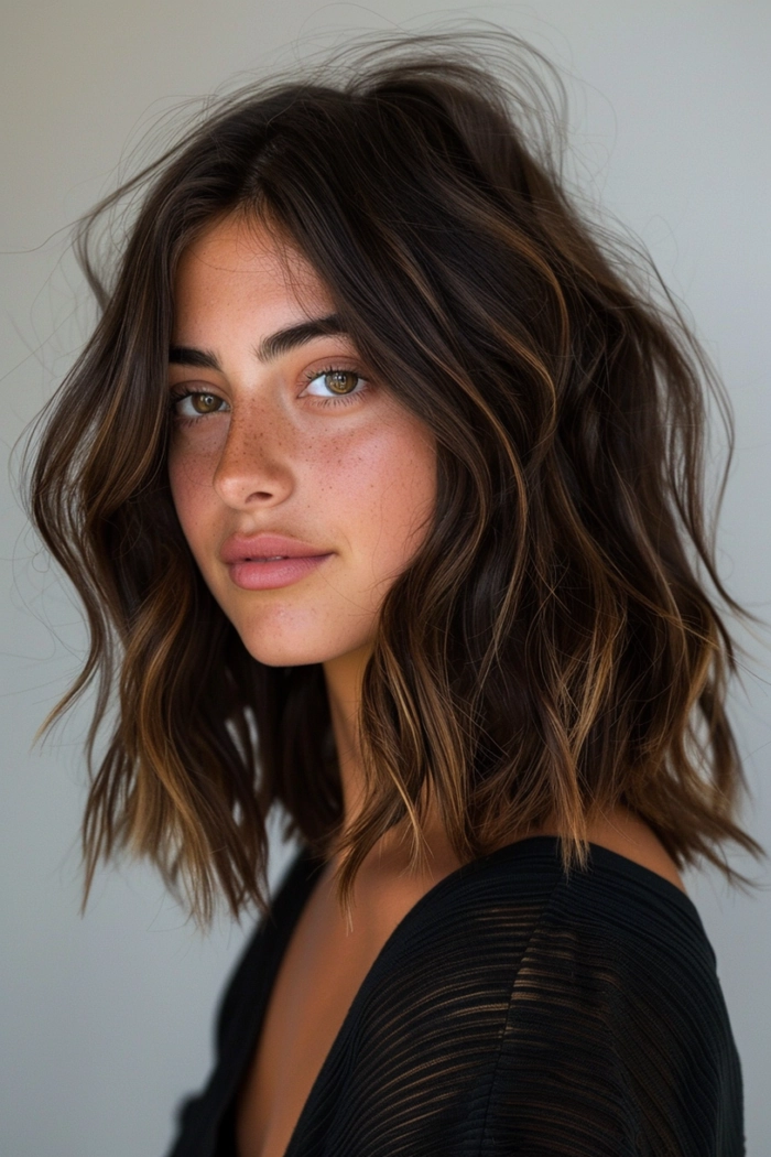 Medium length thick hair styled into soft holiday waves, perfect for festive occasions