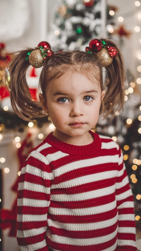 Little girl with festive braided pigtails for a holiday hairstyle