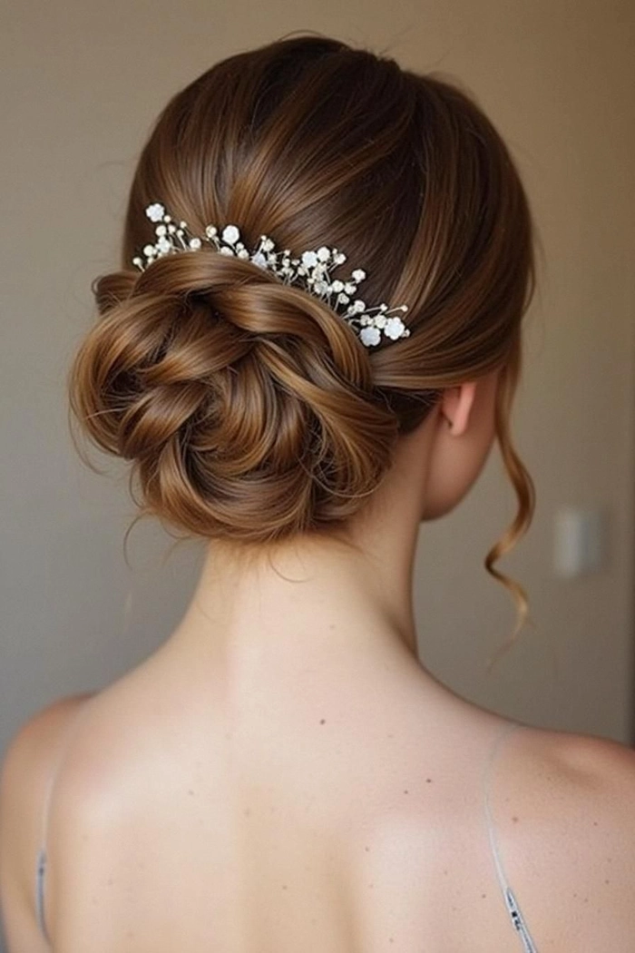 Winter bridesmaid updo with delicate floral pins in a holiday setting