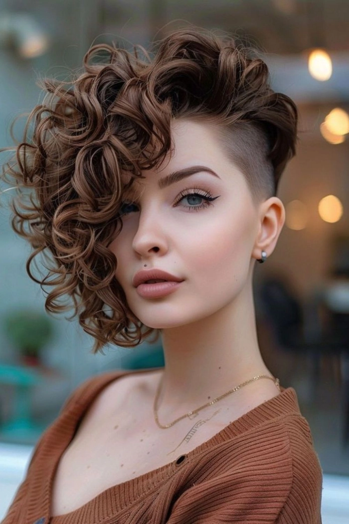 Elegant side swept curls with an asymmetrical gown for a holiday party look