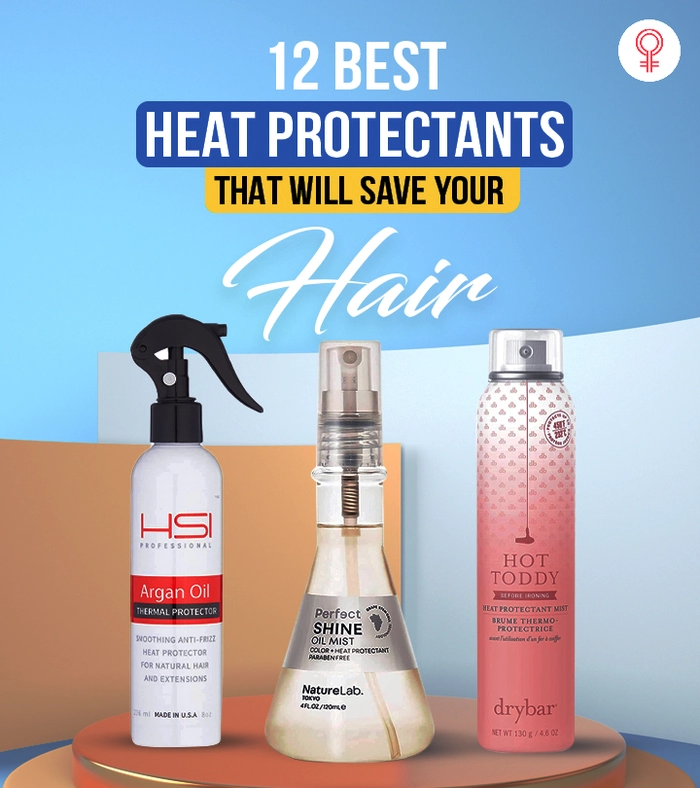 Woman spraying heat protectant onto styled hair before using a curling iron for a festive holiday look