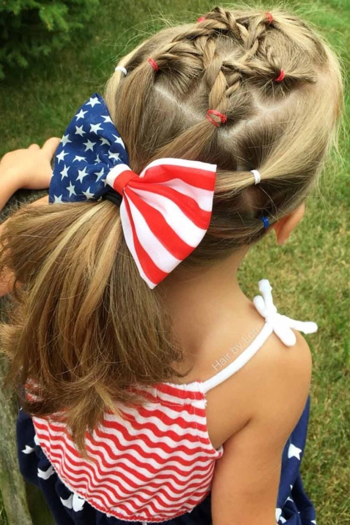 Fourth of July patriotic hair ribbon styling tutorial Patriotic Fourth of July hairstyle with red, white, and blue ribbons woven into braids