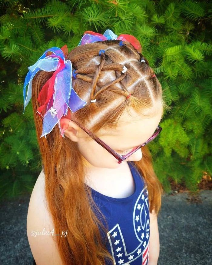 Patriotic hair ribbon styling for Independence Day celebrations Fourth of July hairstyle with red, white, and blue ribbon bows tied in hair