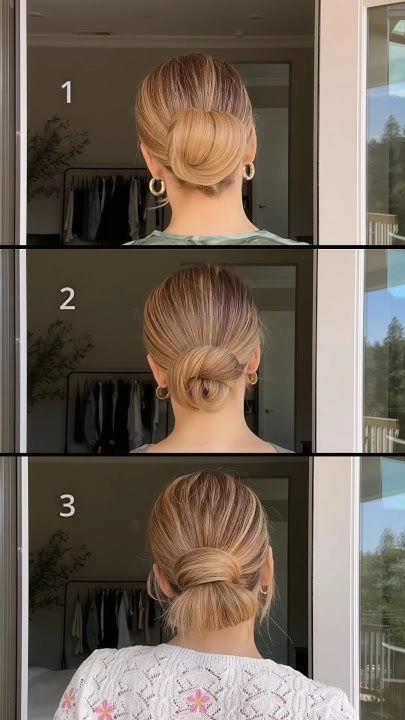 Effortless low bun hairstyle perfect for family holiday gatherings
