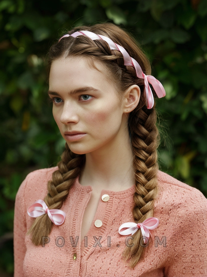 Milkmaid braids for a charming holiday cabin escape A woman with milkmaid braids relaxes by a fire in a cozy Christmas cabin
