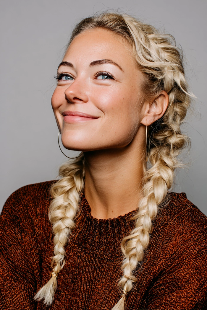 Milkmaid Braids for a Cozy Christmas Cabin Trip Woman with milkmaid braids smiling in a cozy Christmas cabin