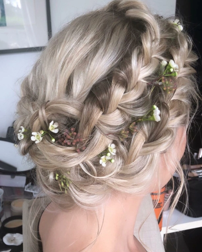 Milkmaid Braids for Cozy Christmas Cabin Trips Two milkmaid braids styled for a cozy Christmas cabin trip, with a festive sweater and cabin scenery