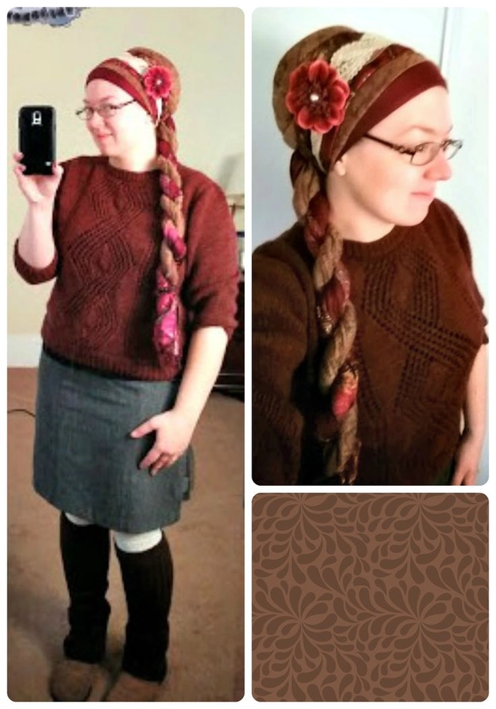 Modest hairstyle featuring a silk scarf and Star of David pin for holiday celebrations Elegant modest hair covering with festive Hanukkah accessories for dinner