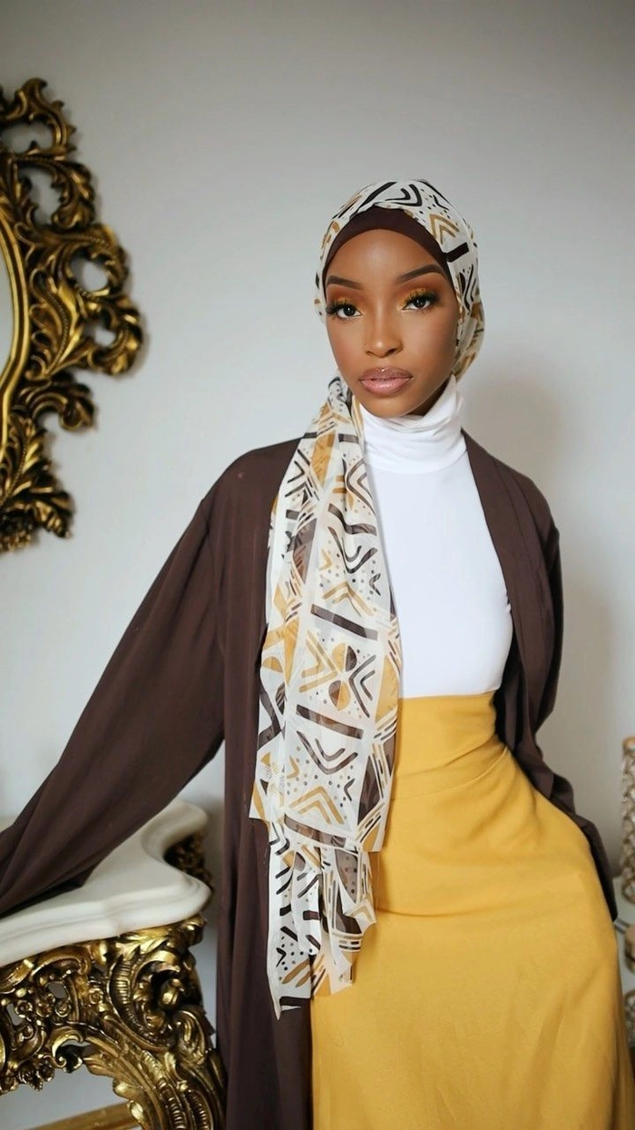 Modest Hair Covering Styles for Hanukkah Dinners Elegant modest hair covering with a festive blue and silver scarf for a Hanukkah dinner