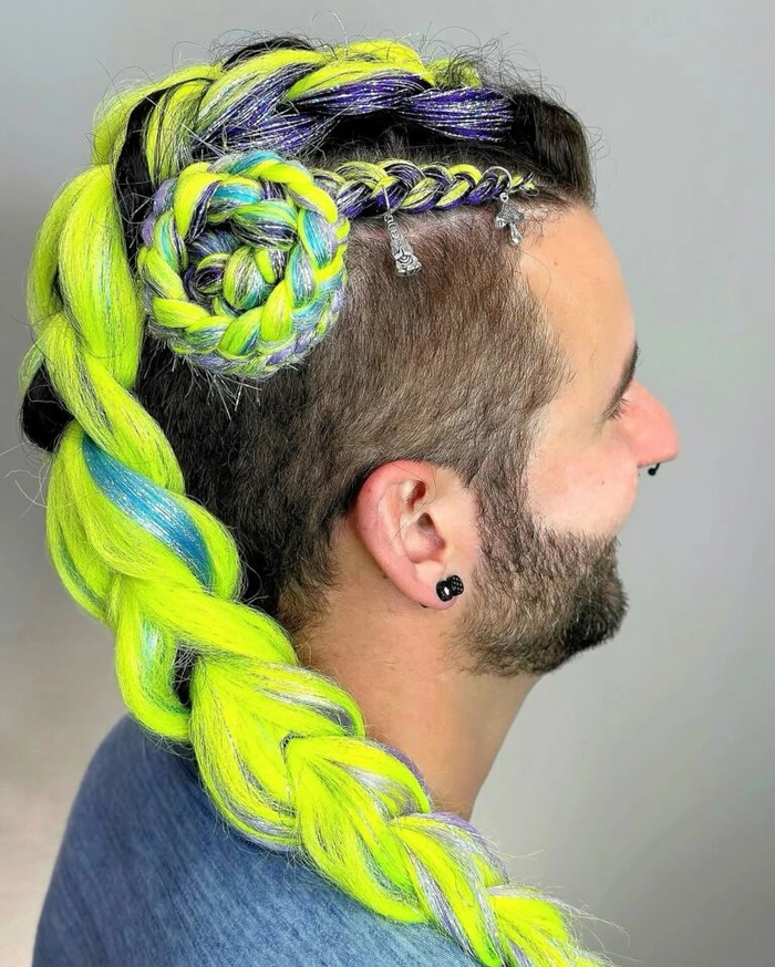 Neon hair chalk styling for rave parties with vibrant colors and glowing effect