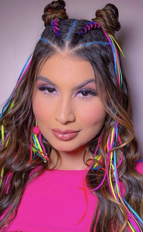 Neon hair chalk styling for rave parties with vibrant rainbow streaks