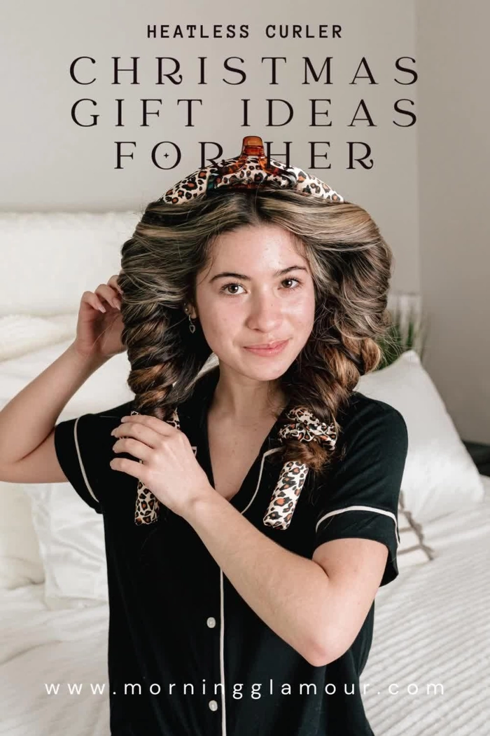Overnight heatless curls for beautiful Christmas morning hair Woman with soft heatless curls waking up on Christmas morning in cozy pajamas