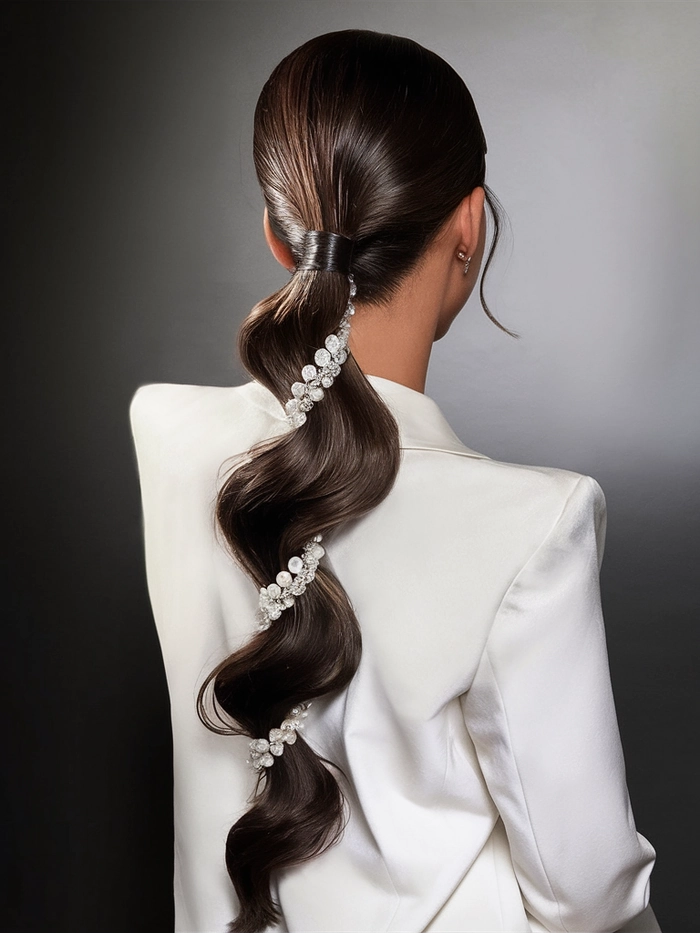 Pearl hair clip and sparkling barrette complementing a festive updo for Christmas dinner Elegant pearl hair accessory styled with holiday curls for a Christmas dinner gathering