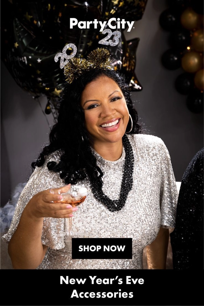 Pixie cut styled with a glittery New Year's Eve headband accessory