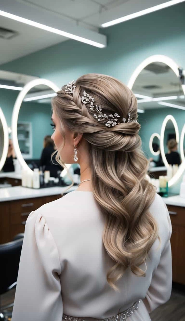 Winter formal prom hairstyle with soft curls and crystal hairpins