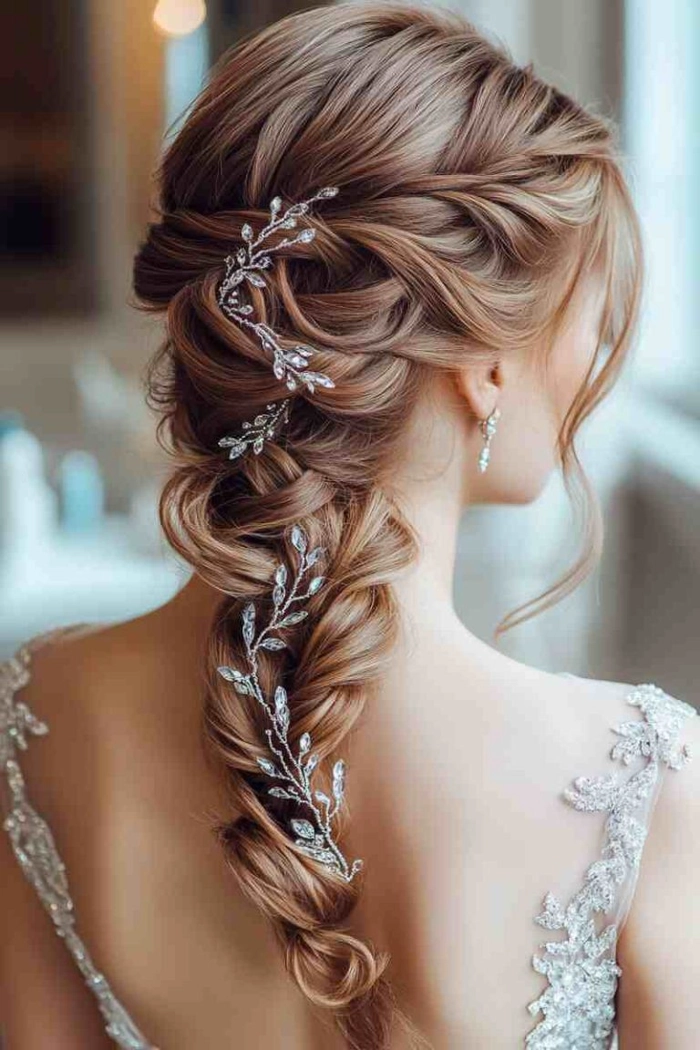 Winter formal prom hairstyle with elegant updo and glittering hairpiece