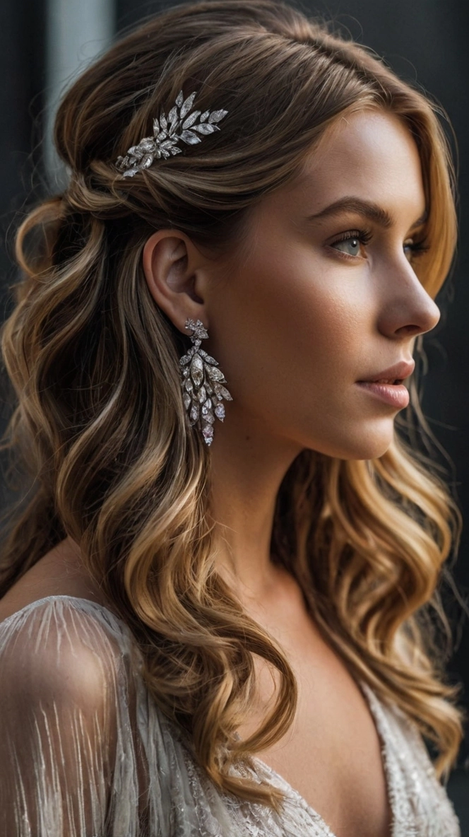 Winter formal prom hairstyle with elegant curls and crystal hair accessories