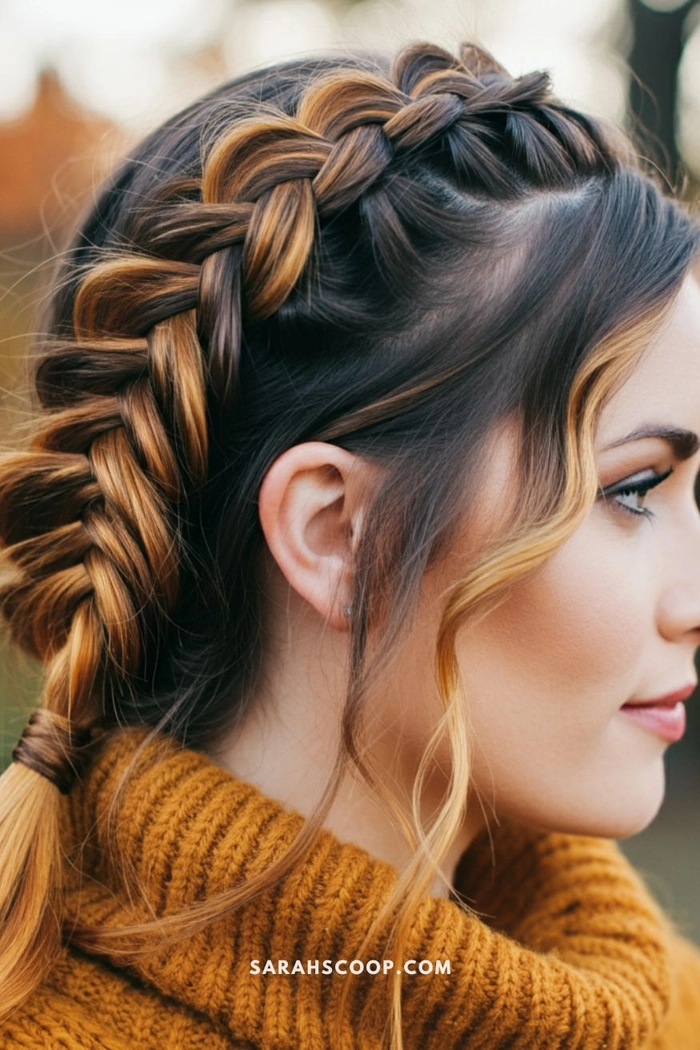 A woman with relaxed boho braids seated at a festive Thanksgiving dinner table