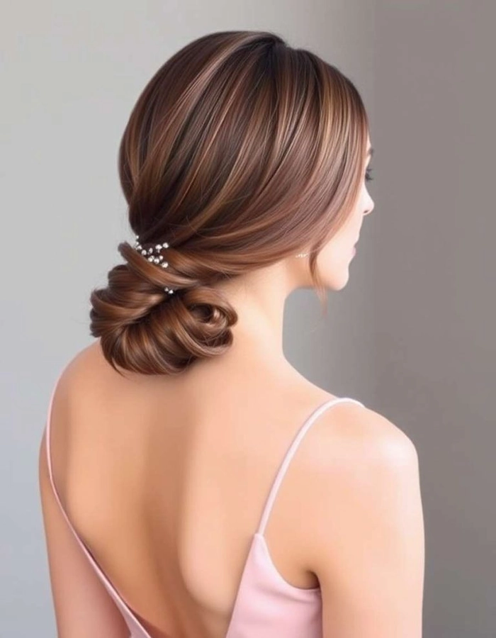 Romantic twisted updo for Valentine's Day date with soft curls and floral accent