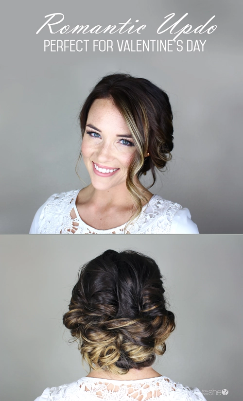 Romantic twisted updo hairstyle for a Valentine's Day date
