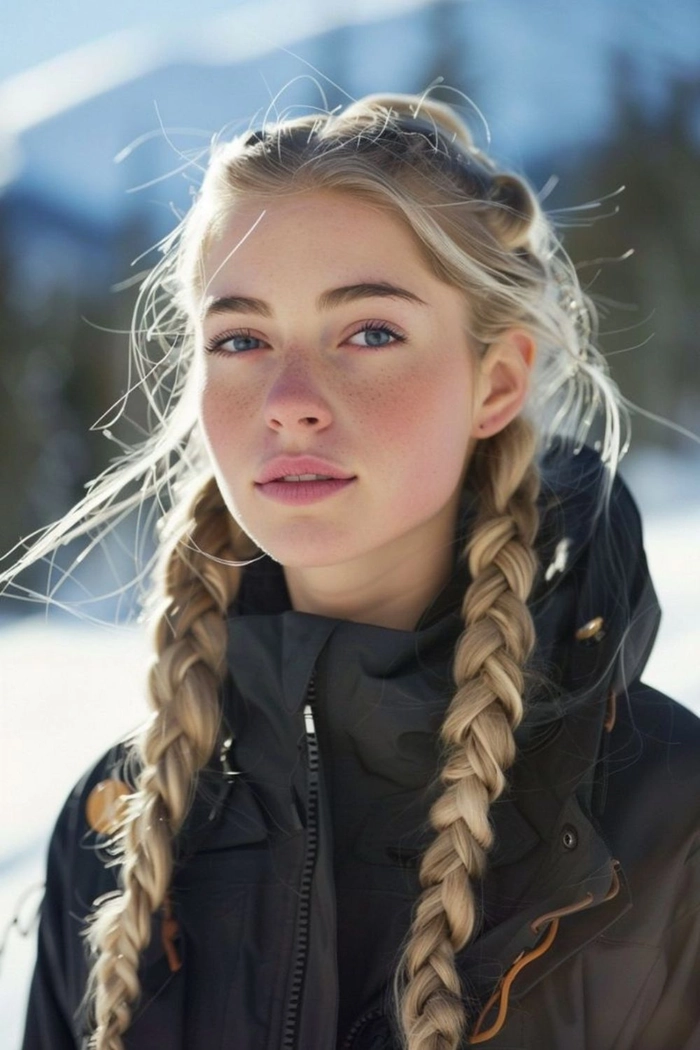 Hair care routine for a winter ski trip and cold weather protection Woman with healthy, styled hair in cold weather at a ski resort