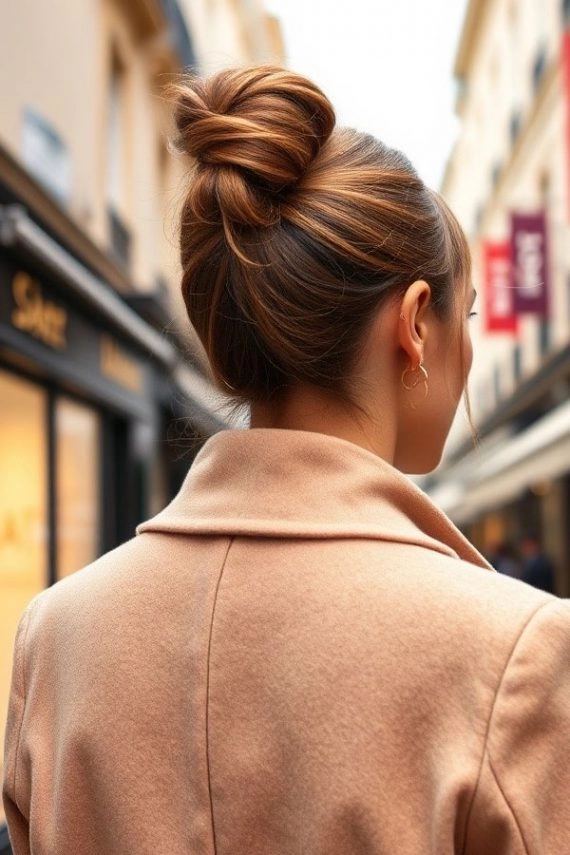 Sleek top knot hairstyle paired with minimalist holiday outfit for a chic festive look