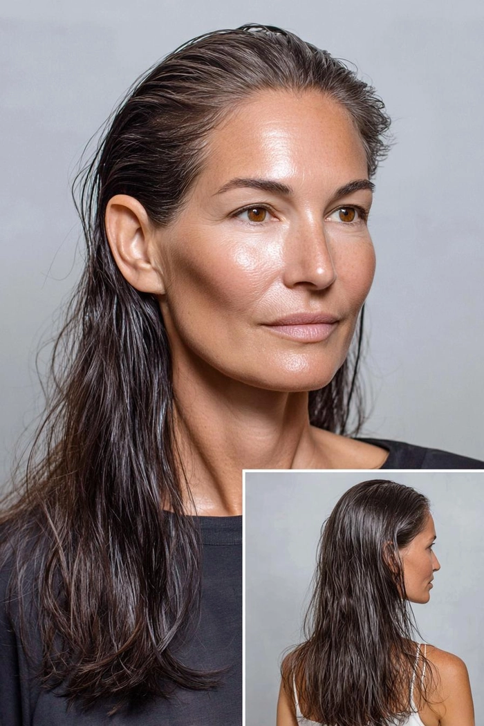 Sleek wet look hairstyle with dark villain aesthetic for holiday glamour