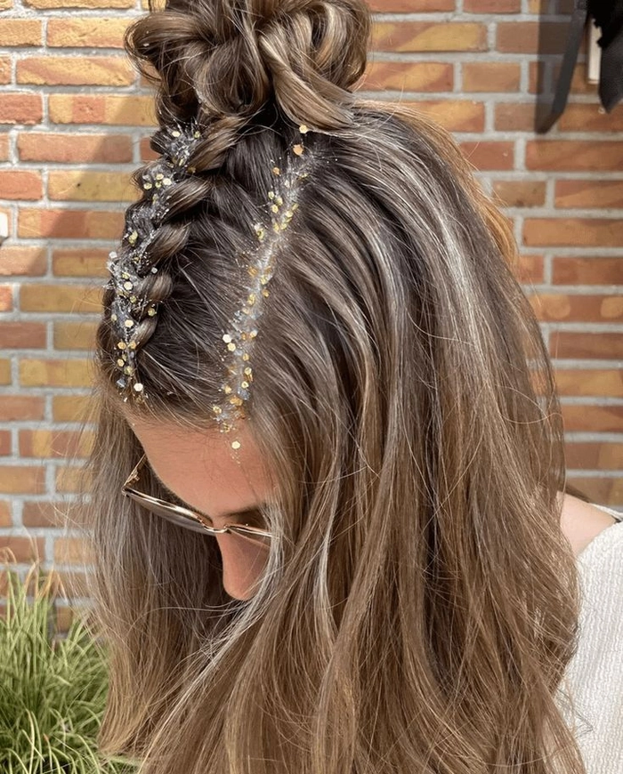 Sparkly hair clip positioned in updos for New Year's Eve galas