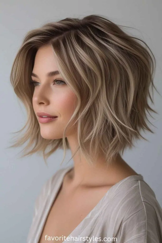 Textured lob hairstyle perfect for a Friendsgiving party celebration