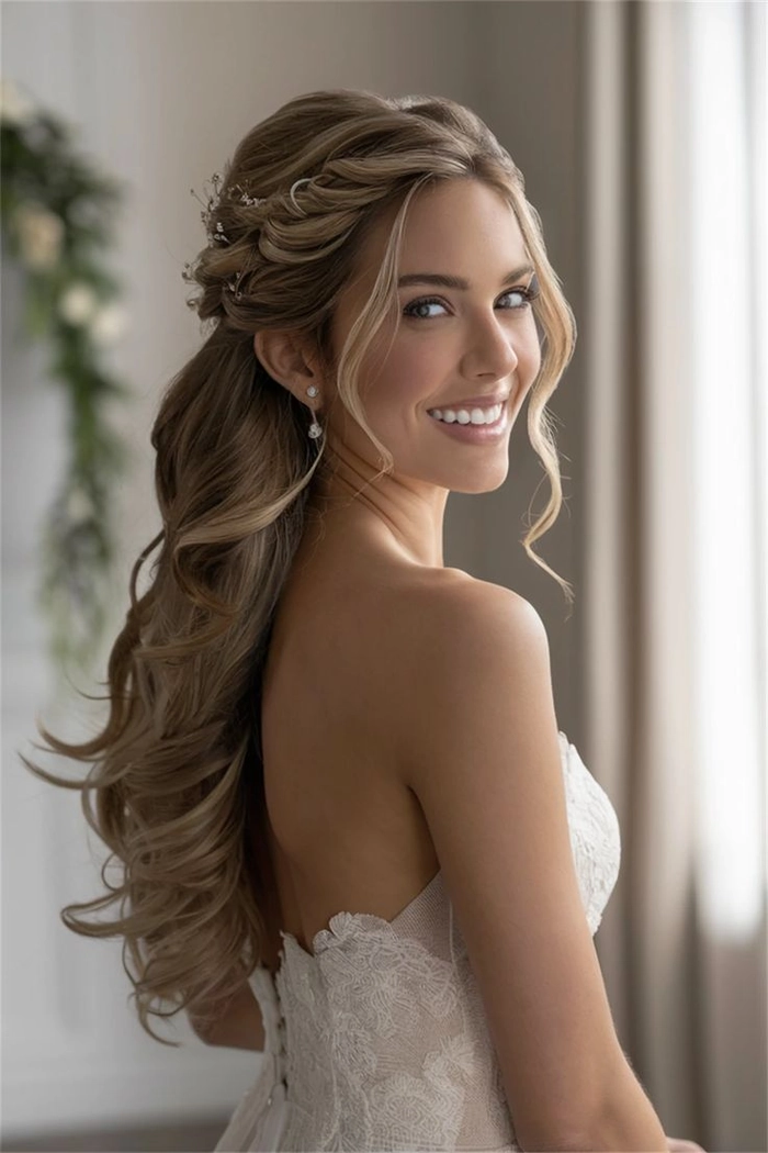 Elegant half-up hairstyle for a holiday theater outing