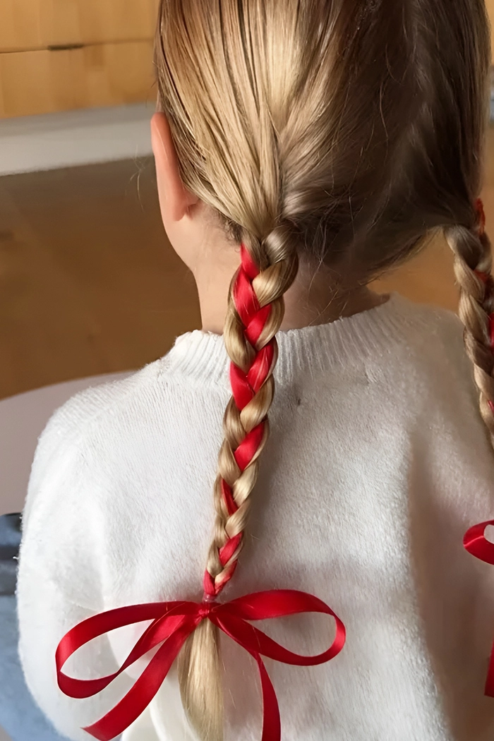 Tween approved holiday hair trend number six Tween girl sporting a festive braided updo with sparkly accessories