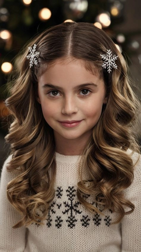 Tween approved holiday hair trend with shimmering accessories Tween girl smiling with a trendy half-up holiday hairstyle
