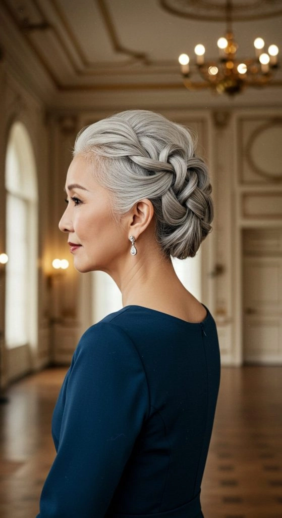Elegant twisted halo updo perfect for a winter romantic date Close-up of a twisted halo updo with winter accessories for a romantic date
