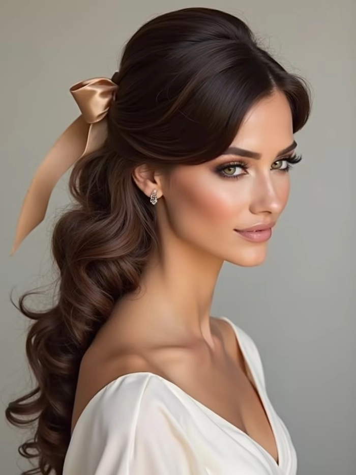 Festive velvet ribbon half up hairstyle perfect for Christmas celebrations Elegant holiday half up hairstyle tied with a velvet ribbon and bow