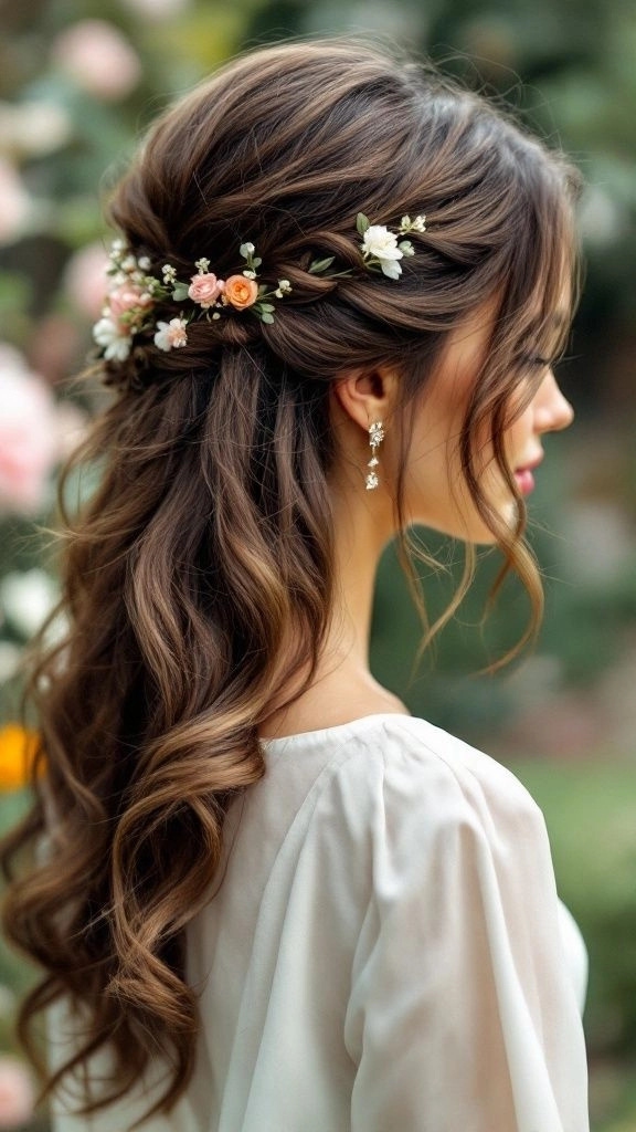 Elegant winter bridesmaid updo with floral pins for a holiday celebration