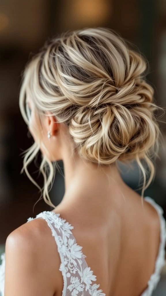 Elegant winter bridesmaid updo adorned with floral pins for holiday hairstyles