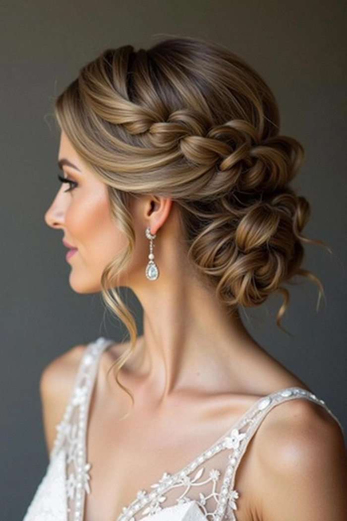 Winter bridesmaid updo adorned with floral pins