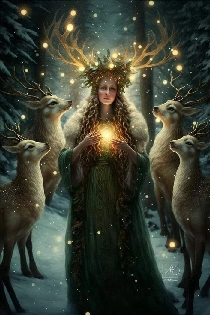 Woman with natural hair styled in a winter solstice pagan festival look with seasonal greenery and earthy ornaments