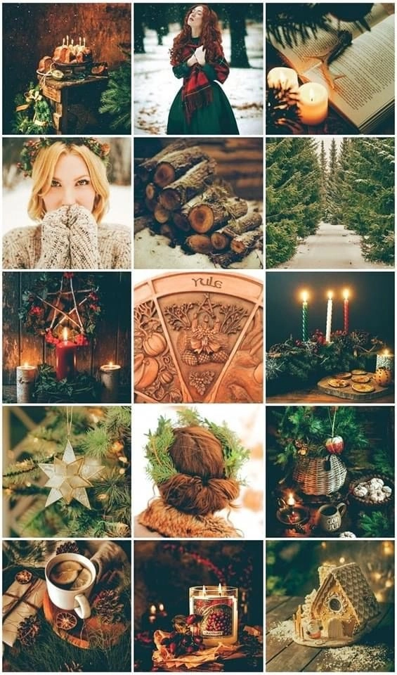 Woman with naturally styled hair adorned with evergreen and holly for a winter solstice pagan festival celebration
