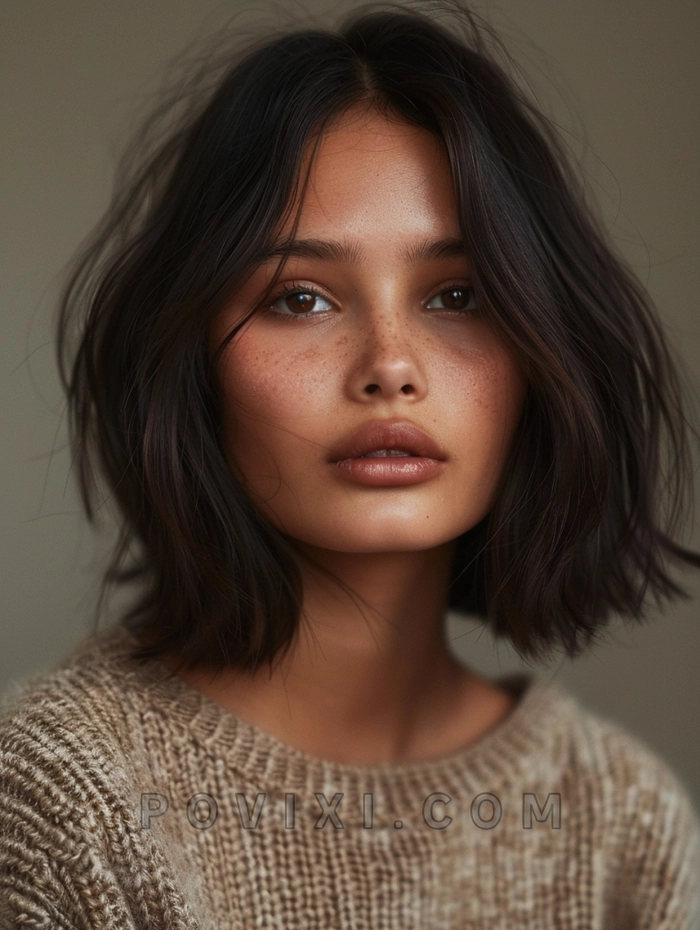 Woman with textured long bob hairstyle smiling at festive autumn birthday party