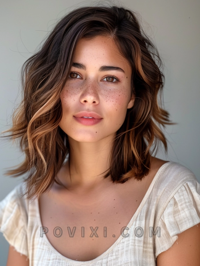 Woman with textured lob hairstyle at an autumn birthday party