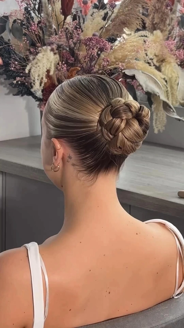 Birthday Party High Sleek Top Knot Hairstyle 3 High sleek top knot hairstyle for a birthday party, sleek bun with elegant finish