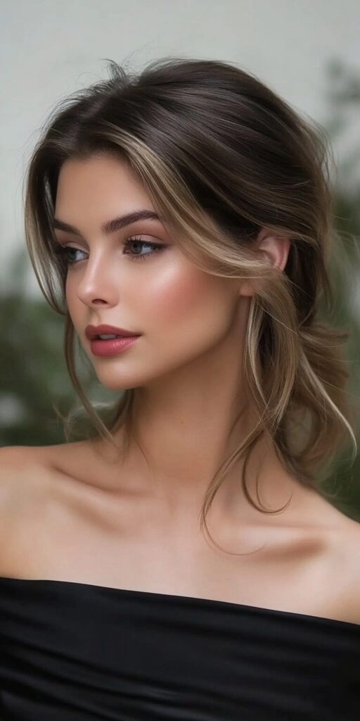 Clubbing hair ideas for off the shoulder tops - polished party updo Woman with a chic updo hairstyle complementing an off the shoulder club top for a night out