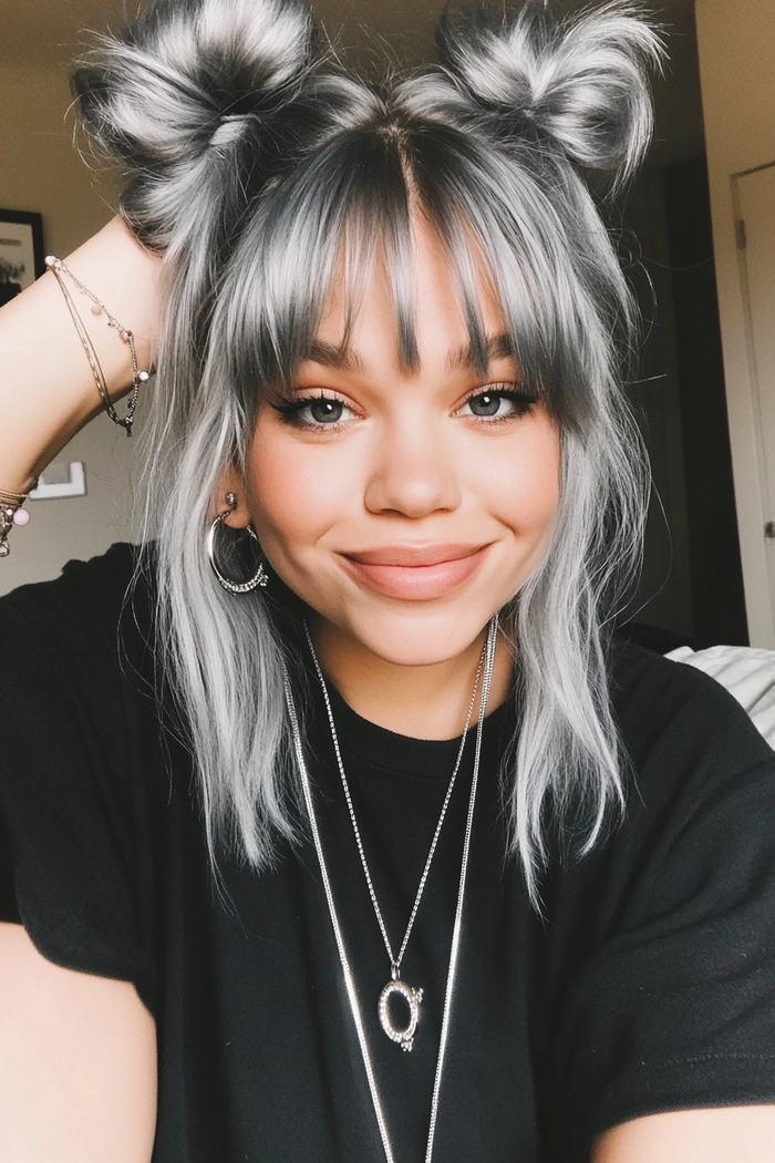 Edgy clubbing outfit with space buns hairstyle